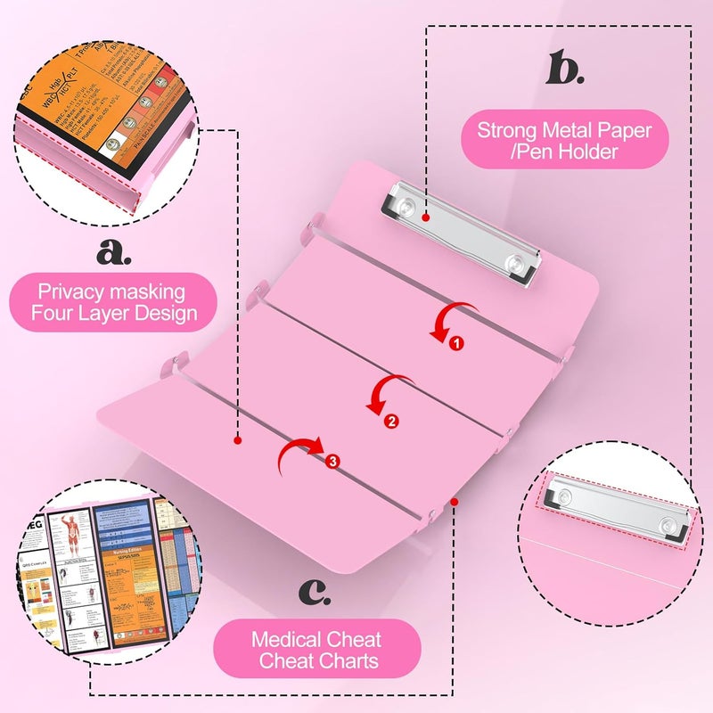 NECEG Nursing Clipboard Foldable-4 Layers Aluminum Nurse Foldable Clipboard Nursing Medical Edition Cheat Sheets, Pocket Size Pen Clip for Nurses Students School and Doctors-Pink - Image 5